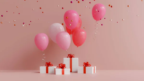 Ροζ Μπαλόνια Κρέμονται Ένα Λευκό Κουτί Δώρου Τυλιγμένο Κόκκινη Κορδέλα — Φωτογραφία Αρχείου