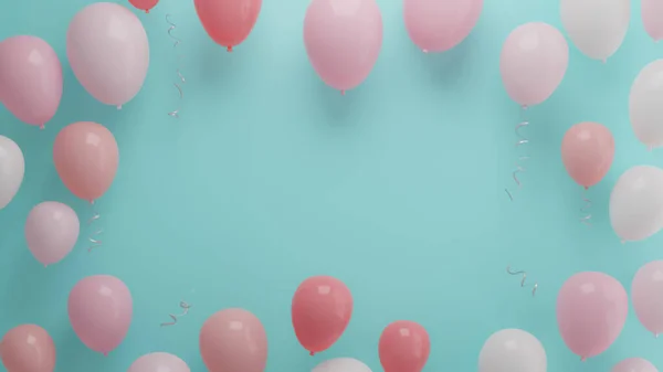Rosa Pastelltonade Ballonger Arrangeras Cirkel Mot Blå Vägg Rendering — Stockfoto