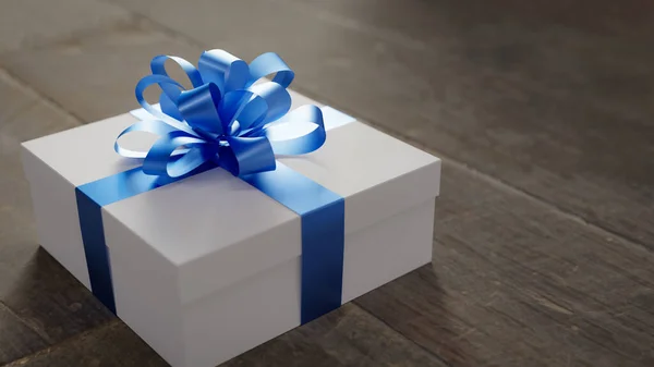 青いリボンが付いている白いギフト用の箱の背景 3Dレンダリング — ストック写真