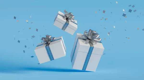 Feier Farbiges Papier Und Drei Weiße Geschenkboxen Hintergrund Rendering — Stockfoto