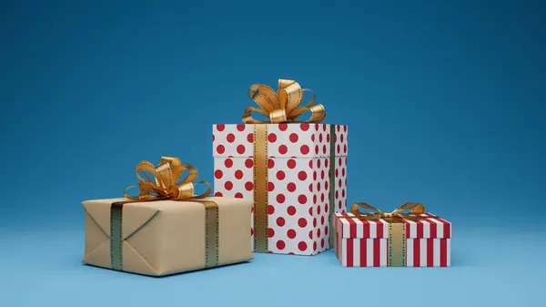 Drei Geschenkboxen Mit Verschiedenen Mustern Hintergrund Rendering — Stockfoto