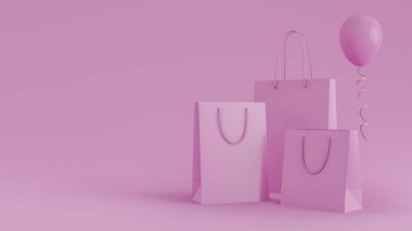 Alışveriş konsepti için üç adet pembe alışveriş torbası ve balon.