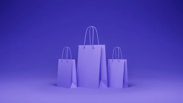Három Lila Bevásárló Táskák Vásárlási Koncepció Háttér Renderelés — Stock Fotó