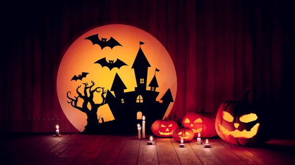 Conceito Halloween Abóbora Morcego Fundo Com Castelos Antigos Renderização — Fotografia de Stock