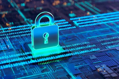 Siber güvenlik ve gizlilik kavramlarının kilit biçiminin arkaplanı, 3D görüntüleme