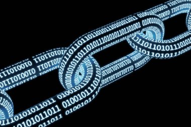 Dijital ikili düzende ifade edilen engelleme zinciri konseptinin zincire biçimi arkaplanı, 3d oluşturma