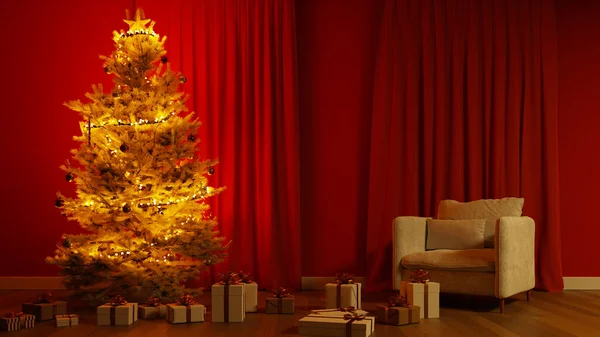 有红墙 窗帘和白色圣诞树的客厅 3D渲染 — 图库照片