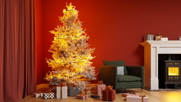 Árboles Navidad Cajas Regalo Sala Estar Con Paredes Rojas Chimeneas —  Fotos de Stock