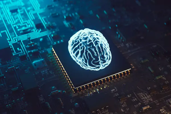 Fundo Holograma Flutuante Cérebro Inteligência Artificial Microplaqueta Semicondutor Renderização — Fotografia de Stock