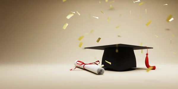 Mezuniyet töreninin arka planı, mezuniyet şapkası ve diplomayı kutlama konsepti.