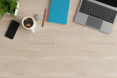 Üst görünümü dizüstü bilgisayar, kahve, akıllı telefon ve ahşap masa üzerindeki küçük demlik, 3D görüntüleme.