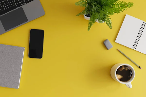 Top view desk background with notebook and smartphone coffee laptop on yellow desk, 3d rendering