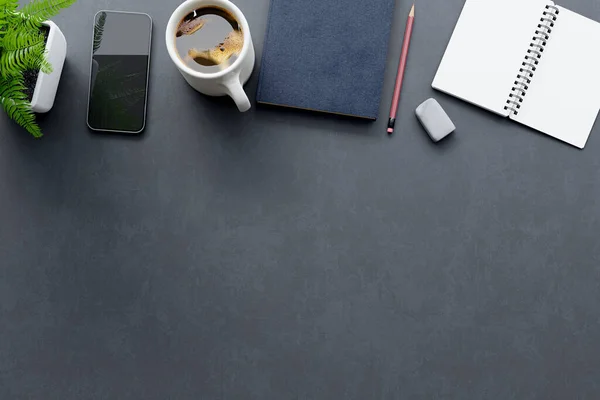 A desk background with a book, coffee, smartphone and notebook on a black desk, 3d rendering