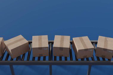 Teslimat kutuları lojistik dağıtım için bir taşıyıcı bandı üzerinde hareket eder, 3D görüntüleme