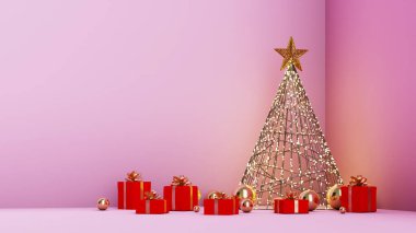 Noel ağaçları ve hediye kutuları sağlam bir arkaplanda, 3D görüntüleme