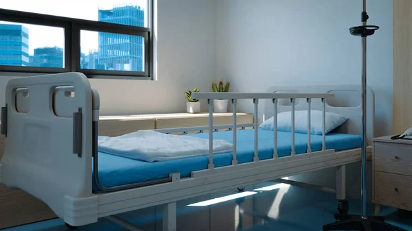Łóżko Szpitalne Przy Oknie Szpitala Renderowanie — Zdjęcie stockowe