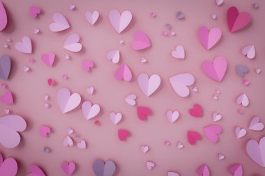 Düzensiz bir şekilde düzenlenmiş pembe kalpler, üç boyutlu görüntüleme.
