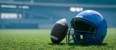 Sahada mavi bir futbol kaskının arka planı, üç boyutlu görüntüleme.