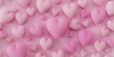 Pembe 3D kalp şekilli arka plan yumuşak ve parlak bir atmosferi var.