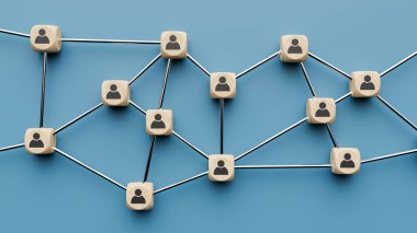 Ahşap ikon küplerinin birbirine bağlı olduğu takım çalışması konsepti.