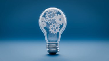 Takım çalışması kavramı, fikir ve vites üreten bir ampulün arka planıdır.