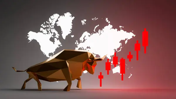A global stock bull market emerges and bulls drive up the stock charts., 3d rendering