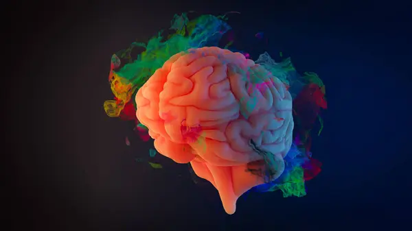 Concept Background Avec Fumée Colorée Montrant Cerveau Accro Dopamine Rendu — Photo