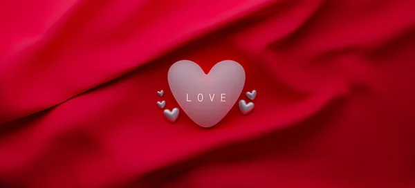 Sfondo Romantico Con Forme Cuore Morbido Panno Rosso Rendering — Foto Stock