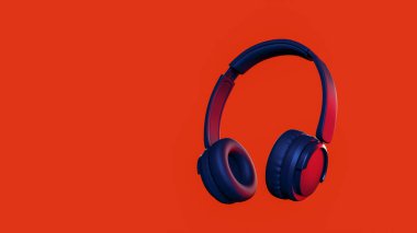 Kırmızı arkaplanda siyah kablosuz kulaklıklı canlı renkli telif alanı arkaplanı, 3D görüntüleme