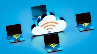 Çevrimiçi olarak bir bulut sunucusu üzerinde çalışan bir grup dizüstü bilgisayar