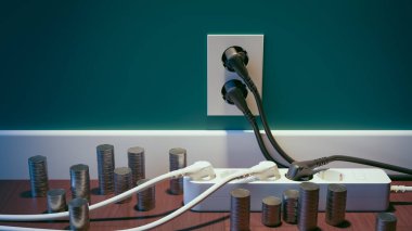 Para, duvar prizlerine ve elektrik prizlerine takılmış çoklu elektrik prizleriyle boşa harcanıyor.