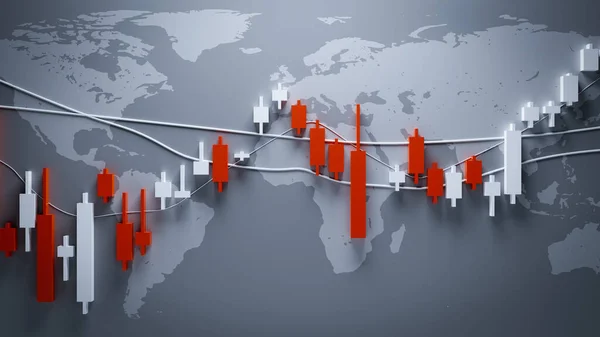 Stock chart graph with world map background. 3d rendering