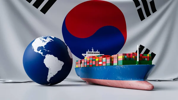 Importação Exportação Navios Carga Fundo Econômico Coreia Sul Renderização — Fotografia de Stock
