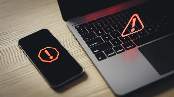 Cep telefonları ve bilgisayarlarla işlenen suçların konsept uyarısı. 3d oluşturma