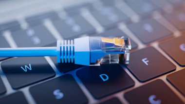 Laptop klavyesinde internet LAN kablosu. 3d oluşturma