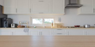 Mutfak arka planında ahşap mutfak masası ve bulanık arka plan var. 3d oluşturma