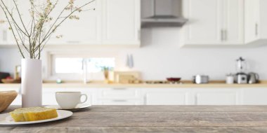 Mutfak arka planında ahşap mutfak masası ve bulanık arka plan var. 3d oluşturma