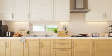 Asgari mutfak tasarımı beyaz ve ahşap 3D tamamlama