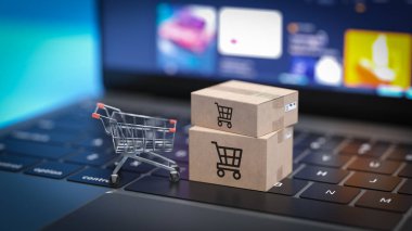 Online alışveriş yoluyla satın alınan eşyalar teslim edilir. 3d oluşturma