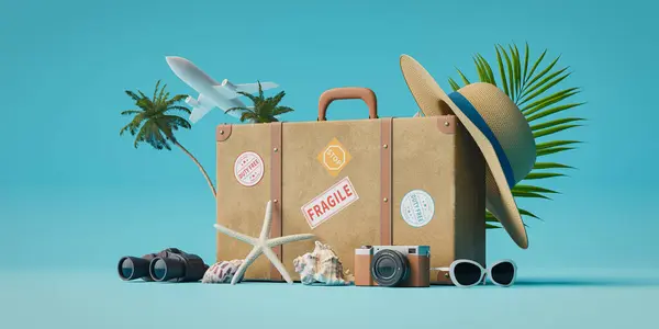 Sommerurlaub Reisekonzepte Hintergründe Mit Vintage Koffer Darstellung lizenzfreie Stockfotos