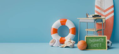 Okul yaz tatilini duyurmak için arka plan fotokopisi. 3d oluşturma