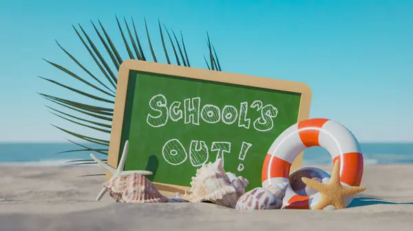 ミニブラックボードとビーチが学校の夏休みを発表 3Dレンダリング ストック画像