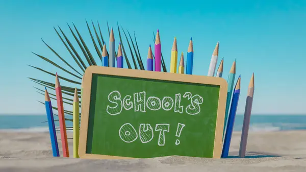 ミニブラックボードとビーチが学校の夏休みを発表 3Dレンダリング ストックフォト
