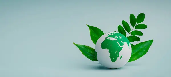 Küre ve yapraklardan oluşan çevre dostu bir kavram. 3d oluşturma