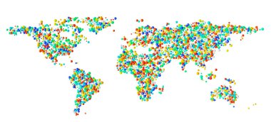 Funny World map filled with sphere of various colors. 3d rendering