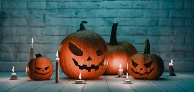 Cadılar bayramı kavramları balkabaklarıyla arka plandadır. 3d oluşturma