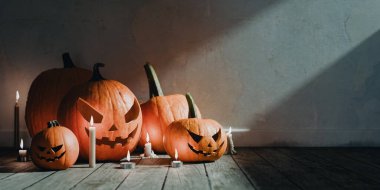 Cadılar bayramı kavramları balkabaklarıyla arka plandadır. 3d oluşturma