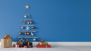 Ağaç şeklinde bir Noel süsü, önünde birkaç hediye kutusu olan mavi bir duvarda asılı. 3d oluşturma