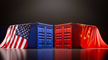 Çin ve Amerikan bayraklarıyla kaplı kargo konteynerleri. 3drening