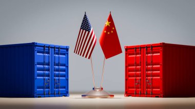 Amerika Birleşik Devletleri ve Çin arasındaki ticaret savaşı nedeniyle iki ülke arasında bir konferans salonu konsepti. 3d oluşturma